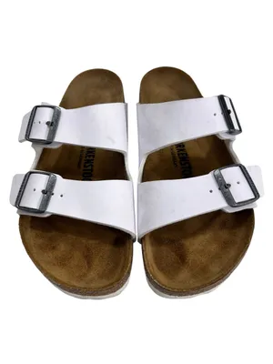 Birkenstock Arizona Sandals White Birko Flor Two Strap Silver Buckle thumbnail 3