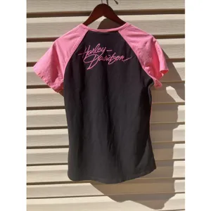 Harley Davidson Women's‎ Black Pink Stitching V Neck Short Sleeve Shirt Large thumbnail 2