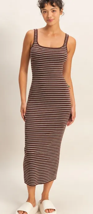 Double Zero Chocolate Brown & White Striped Ribbed Midi Tank Dress – Small NWT thumbnail 1