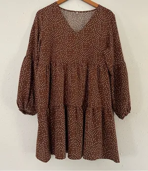 🦋 Brown White Polka Dot Ruffle Long Sleeve Baloon Sleeve Mini Dress Fall XL thumbnail 1