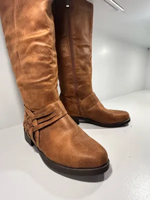 Women’s Brown Knee High Riding Boots Size 7 Side Zip Braided Strap Low Heel thumbnail 1