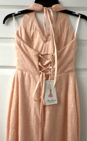 Class & Fashion Elegant Blush Sequin Dress. Side Slit Corset Back S/M thumbnail 4