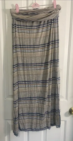 Max Edition Beige and Blue Striped Fold-Over Waist Maxi Skirt thumbnail 1