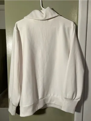 Merokeety Women's Size Large Quarter Zip V Neck Collar Ribbed Sweatshirt Cream thumbnail 7