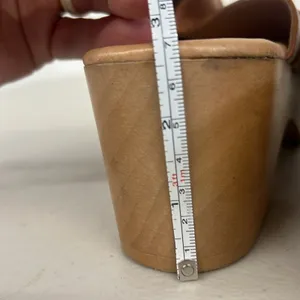 Sz10 Andre assoue brown tan slip on heeled Sofi clog wooden leather chunky amber thumbnail 7