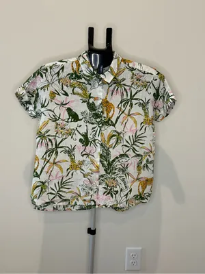 Rachel Zoe 100% Linen Tropical Jungle Animal Print Button Down Shirt S thumbnail 2