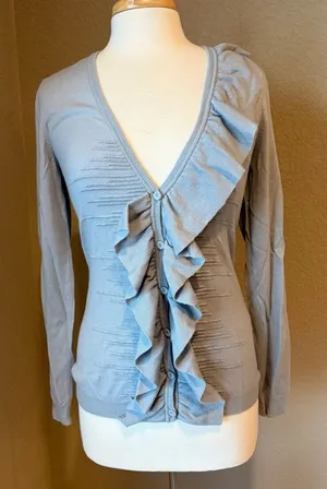 RED Valentino Gray Ruffle Front Knit Cardigan Sweater Large thumbnail 1