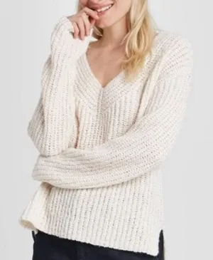 NWT L Cream V-neck sweater A New Day chunky ribbed knit pullover oversized thumbnail 1