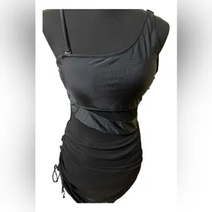 Black Asymmetrical Mesh Ruched Bodycon Dress thumbnail 7