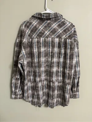 BKE Oversized Plaid Long Sleeve Shirt Medium Brown Blue Frayed Raw Edge Grunge thumbnail 2