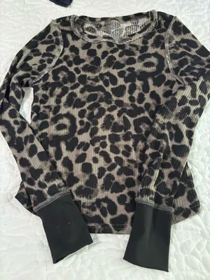 Cheetah print waffle knit long sleeve top thumbnail 1
