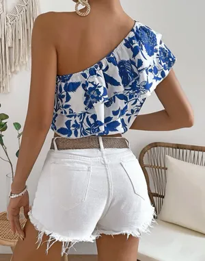 One Shoulder Ruffle Top Blue Size XS thumbnail 2