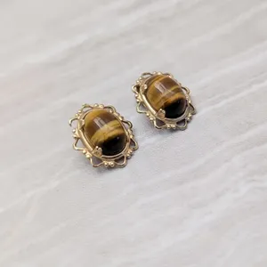 Vintage Clip On Earrings Tigers Eye with Ornate Halo Brown & Gold Tone Earrings thumbnail 3