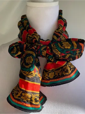 Vintage 80s Elaine Gold Silk neck scarf baroque pattern red gold green print thumbnail 1
