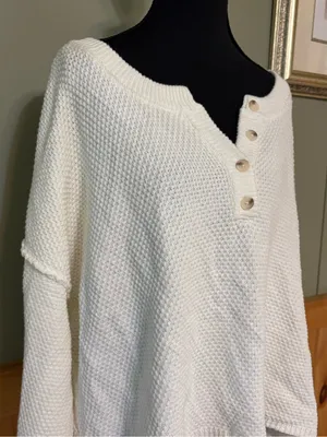 Sincerely Jules Waffle Knit V-Neck Henley Sweater oversized relaxed Size L NWT thumbnail 2