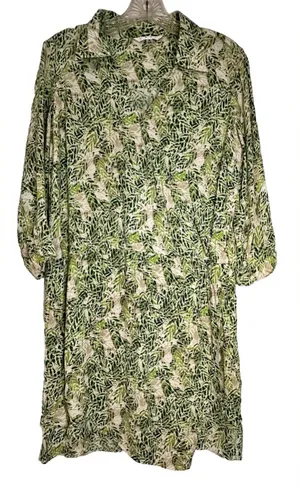 CAbi Faux Wrap Dress Green Tan Hawaiian Tropical Floral Leaf Boho Indie Sz Small thumbnail 1