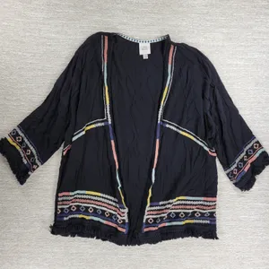 Knox Rose Black Embroidered Fringe Kimono Cardigan Size L Boho Festival thumbnail 3