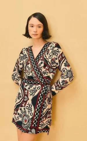 FARM RIO Passion Scarf Wrap Mini Dress Women's Size XS Black Printed thumbnail 1