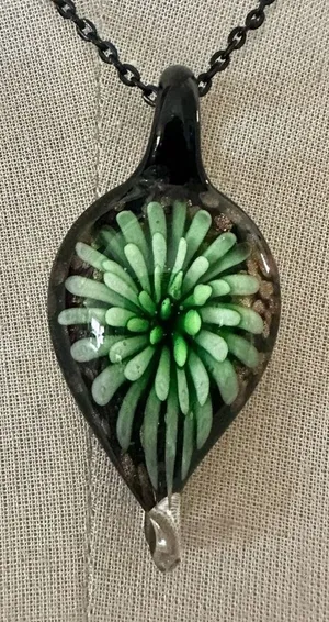 Green Glass Flower Pendant Necklace – Black Chain – Boho Art Glass thumbnail 1