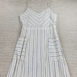 Monteau Los Angeles Linen Maxi Sundress Large White Blue Striped Rayon Slit thumbnail 4