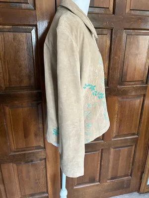 Coldwater Creek Women's L Tan‎ Genuine Suede 100% Leather Jacket Floral Applique thumbnail 3
