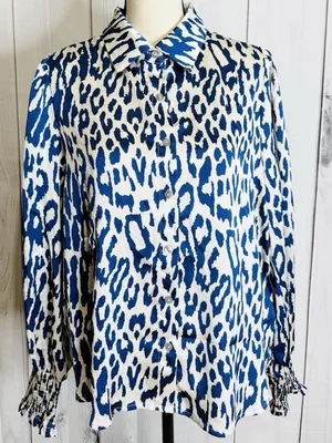 Entro Abstract Button Down Satin Top Smocked Cuff Ruffle Sz L Blue Ivory NWOT thumbnail 1