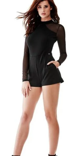 NEW Guess Mesh Long Sleeve Black Mock Neck Romper Women’s XS thumbnail 1