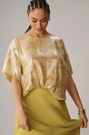 Pilcro‎ Anthropologie Gold Sequin Boxy Oversized Short Sleeve Top Medium Womens thumbnail 1