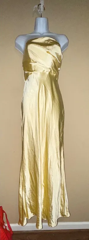 Selfie Leslie NWT Butter Yellow Satin Strapless Maxi Dress Womens M Bridesmaid thumbnail 1