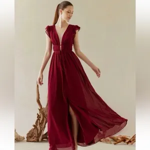 NWT Lulus I’m All Yours Burgundy Ruffle Maxi Dress thumbnail 4