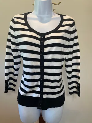 White House Black Market Striped Cardigan Size M Black White thumbnail 1