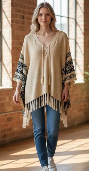 Double Zero Cream Fringe Knit Poncho Sweater Navy Blue Aztec Detail Size Medium thumbnail 1