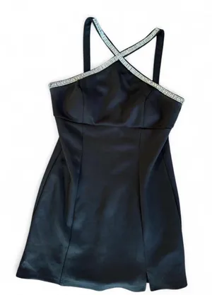 Y2K Crystal Doll Women’s 9 Rhinestone Black Mini Dress Halter Cross Over Large thumbnail 1