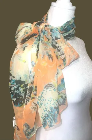 croft & barrow Peach and Aqua Floral Sheer Scarf thumbnail 1