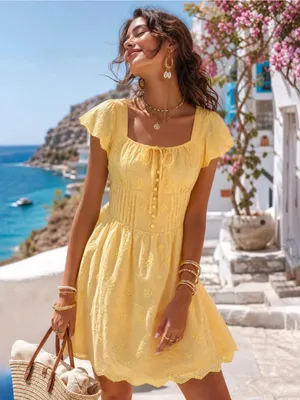 Rihoas Yellow Square Neck Tie Button Mini Dress thumbnail 2