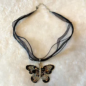 Women's Colorful Butterfly Inlaid Zircon Pendant Ribbon Charm Necklace Black thumbnail 3