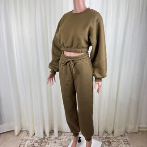Zenana 2 Piece Crop Top Tracksuit Jogger Pants Set Outfit Workout Small Olive Green thumbnail 4