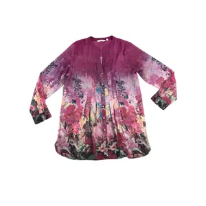Soft Surroundings Magenta Floral Watercolor Pleated Tunic Blouse Women M Sheer thumbnail 2