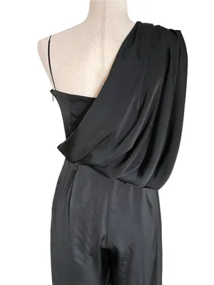 DO+BE black satin jumpsuit featuring an asymmetrical draped one-shoulder overlay thumbnail 8