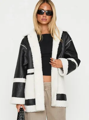 Princess Polly Lexie Faux Leather Jacket Black Sherpa Trim Oversized M/L thumbnail 1