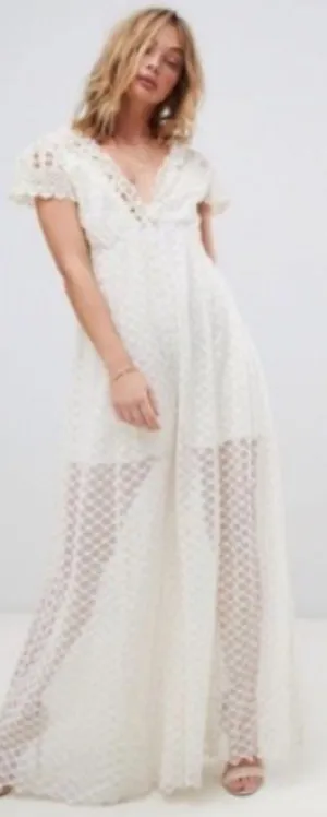 Free People Cleo Maxi Jumpsuit Lace Ruffle Cap Sleeve V-neck Wide Leg Cream S? thumbnail 1