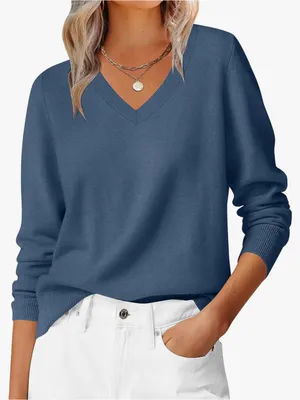 Women’s Blue V Neck Knit Pullover Sweater Size Small Long Sleeve Classic thumbnail 1