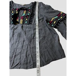 Solitaire Gray Embroidered Peasant Blouse Tassel Tie Long Sleeve Top Large thumbnail 11