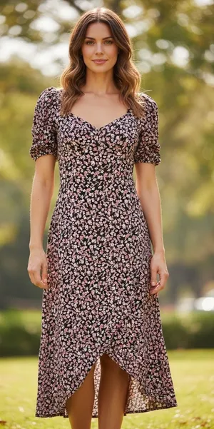 Ditsy Floral Puff Sleeve Midi Dress Sweetheart Neck Smocked Back Split Hem thumbnail 1
