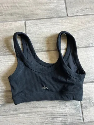 ALO Yoga Black Ribbed Sports Bra with Minimal Logo thumbnail 2