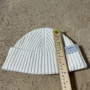 Eiram Cream Ribbed Beanie 100% Merino Wool Cuffed‎ Knit Winter Hat Off-White thumbnail 5