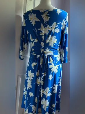 TOMMY HILFIGER Blue & White Floral Draped Midi 3/4th Sleeves Dress Sz 12 thumbnail 3