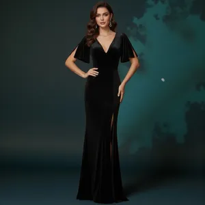 Lulus NWOT Elegant Evenings Black Velvet Flutter Sleeve Trumpet Maxi Dress M thumbnail 2