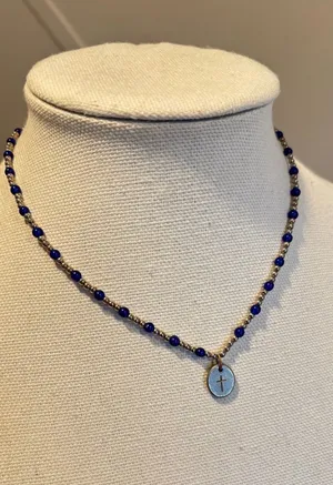 Forgiven Cross Charm Necklace with Blue Beaded Chain thumbnail 1
