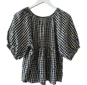 Old Navy puff sleeve black white sunflower embroidered gingham swing SZ M #2160 thumbnail 1